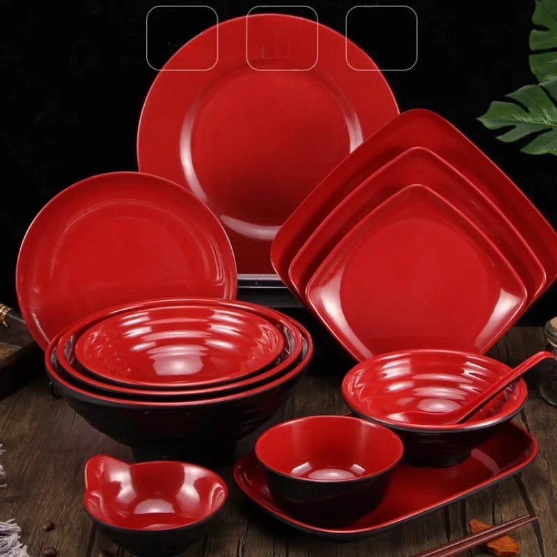 Black and Red Beef Noodle Bowl Commercial Home Kitchen Cutlery Bowl Melamine Ramen Bowl Breakfast Bowl Plastic Plate