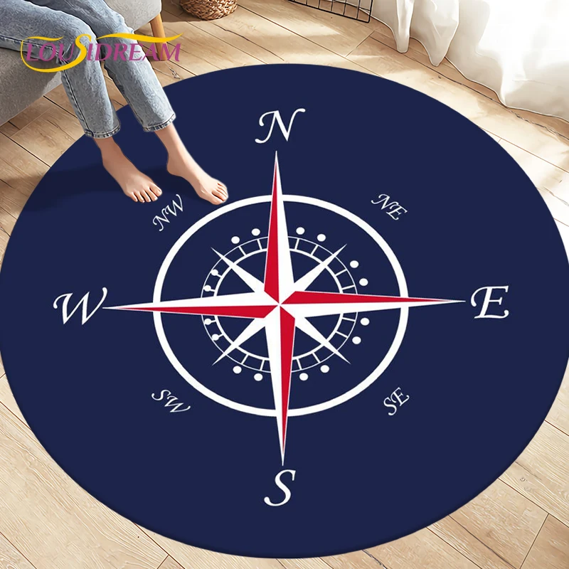 Compass Round Area Rug,Retro British Navy New World Discovery Rug,Carpets for Living Room Bedroom,Kids Play Non-slip Floor Mats