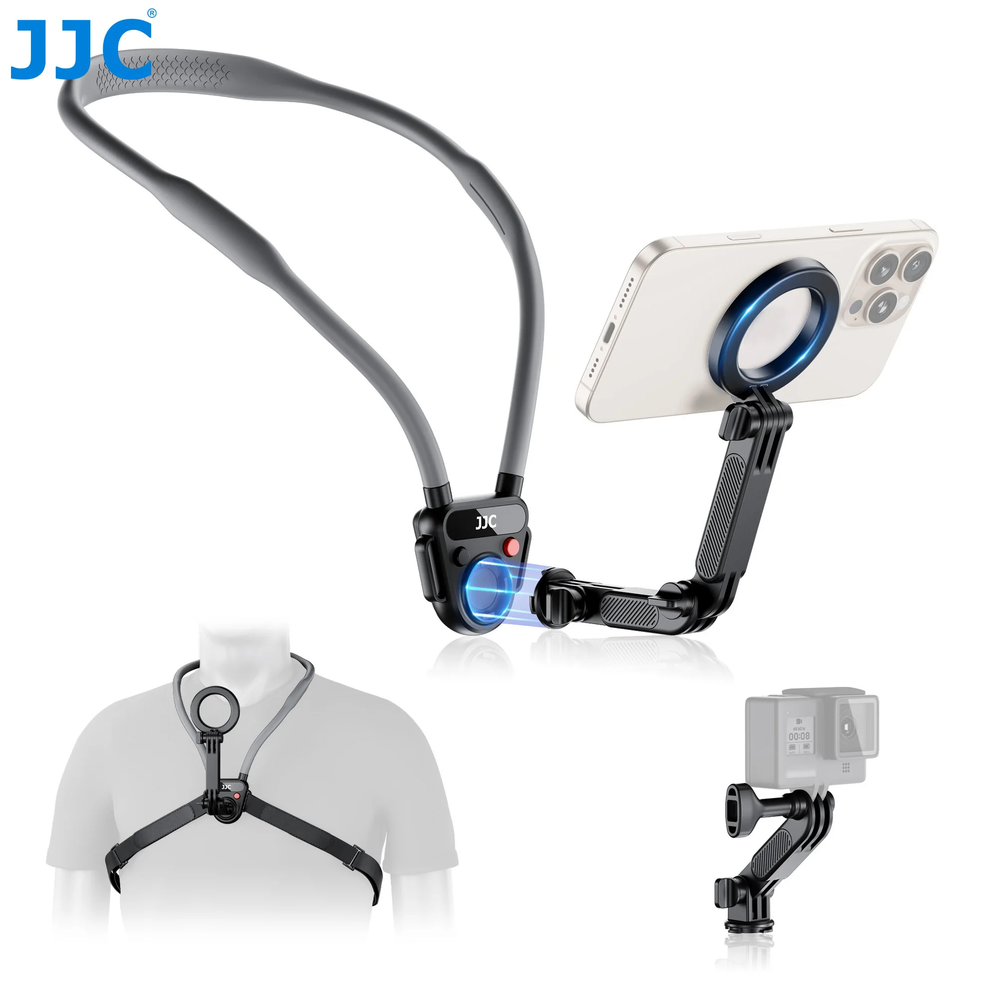 JJC Upgraded Neck Phone Holder for Recording Hands-Free POV/Vlog Video Filming W Anti-Shake Chest Strap for GoPro DJI iPhone 16