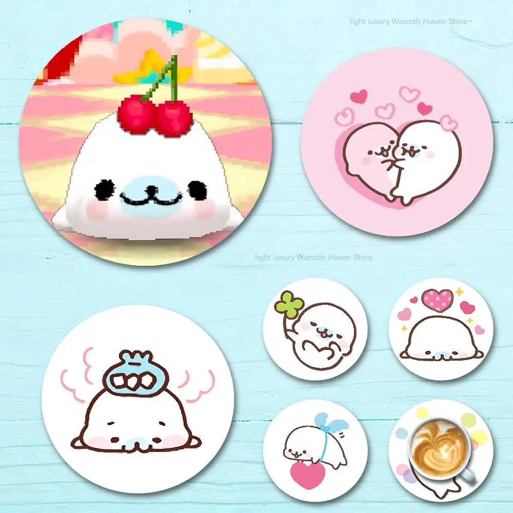 

Cute M-Mamegoma Seal Heat Resistant Round Wooden Coasters Non-slip Drink Cafe Decoration 2D Flat Color Print Coasters