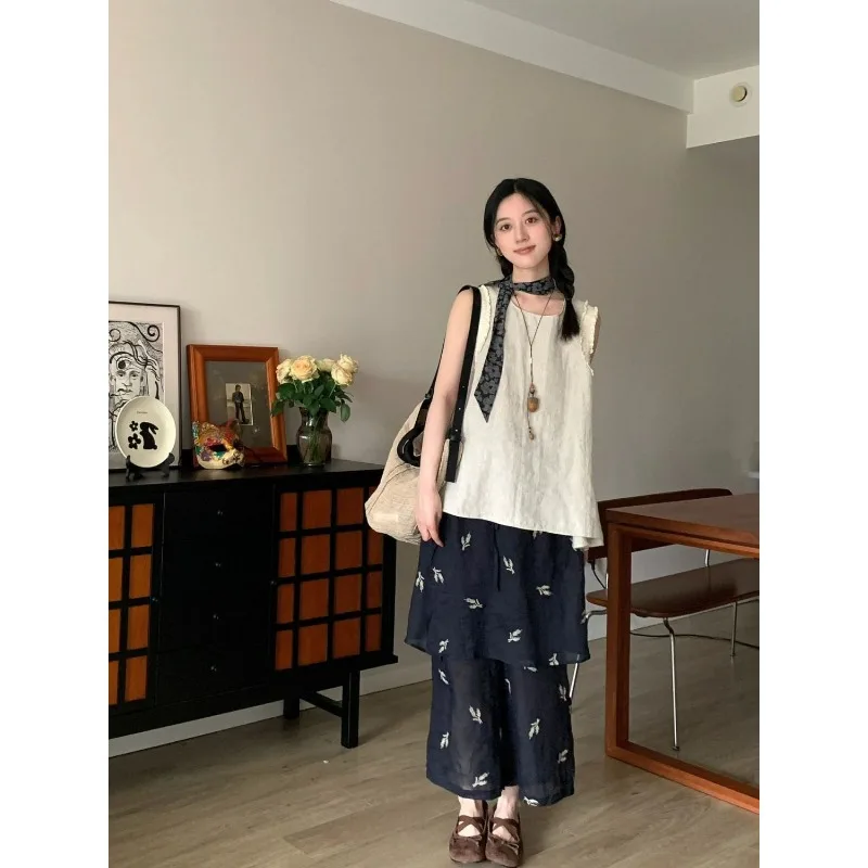 

Women French Pastoral Lace Trim Sleeveless Vest Layered Floral Wide Leg Skort Set Summer Casual Outfit