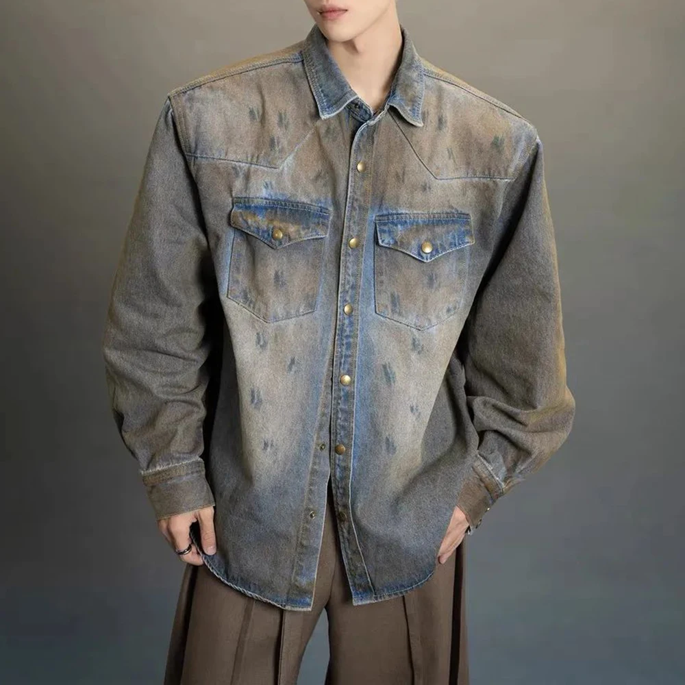 Mens Y2k Distressed Denim Casual Long-Sleeved Shirt Autumn Winter Genderless Fashion Retro Personality Loose Simple Shirt Unisex