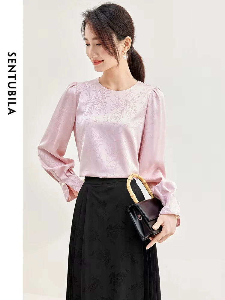 SENTUBILA Puff Long Sleeve Elegant Chiffon Blouse Women Keyhole Back Shirt Lady Chinese Style Jacquard Bamboo Leaf Top 133V51225