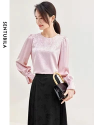 SENTUBILA Puff Long Sleeve Elegant Chiffon Blouse Women Keyhole Back Shirt Lady Chinese Style Jacquard Bamboo Leaf Top 133V51225