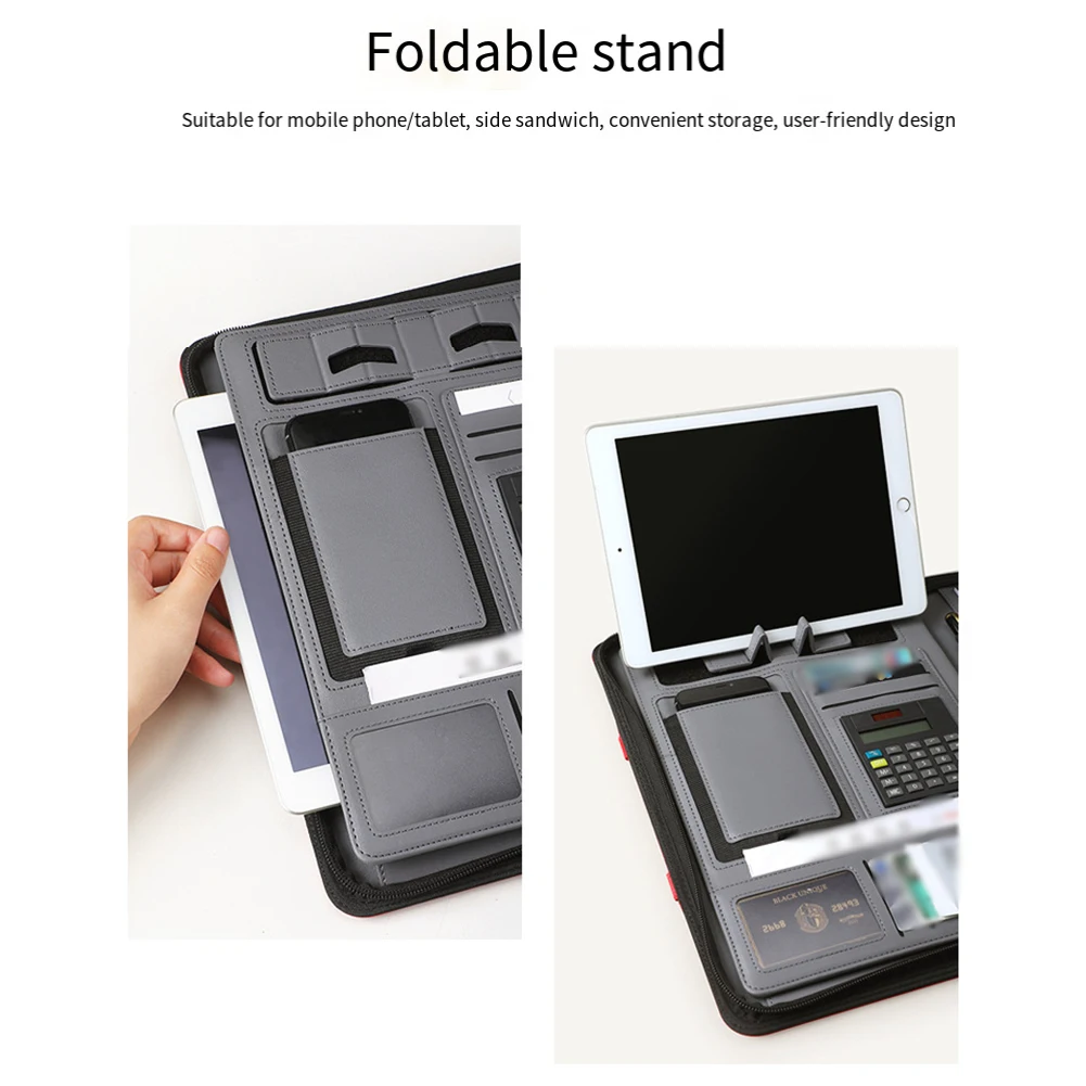 Multi-purpose A4 Leather Conference Folder Calculator Binder Conference File Pad Folder With Phone Holder Document Organizer