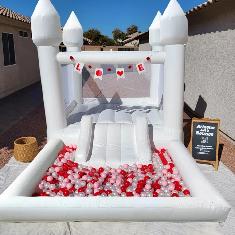 Commerica-casa de rebote blanca para niños, 13 'X 8', castillo hinchable de PVC completo con tobogán, mini Bola de rebote, soplador de aire, Envío Gratis