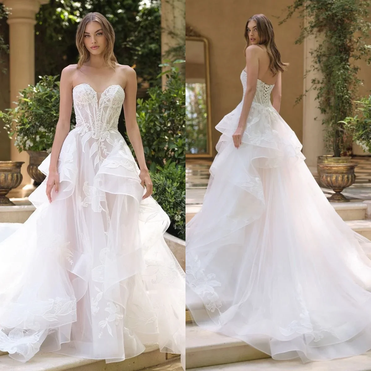 

Sweetheart Wedding Dresses A Line Tulle Tiered Bridal Gowns Lace Appliques Floor Length Elegant Robes Graceful Vestidos De Novia