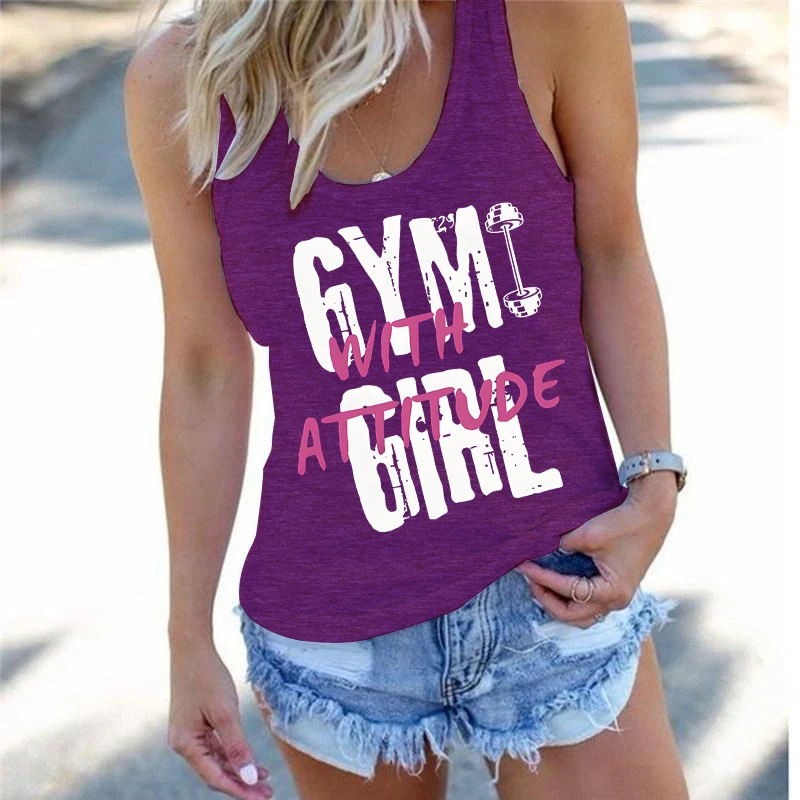 Women's Gym with Attitude Graphic Tee Casual Cotton Sleeveless T-shirts with Pink White Letter Sleeveless Racerback Tank Tops