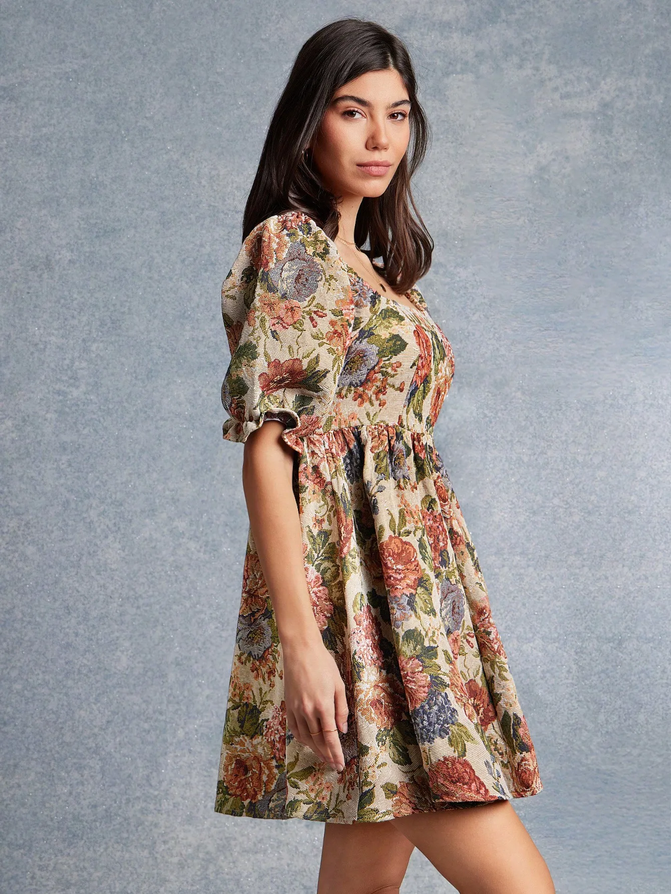 Floral Tapestry Mini Dress with Square Neck & Puff Sleeves, Boho Western Style for Fall Winter