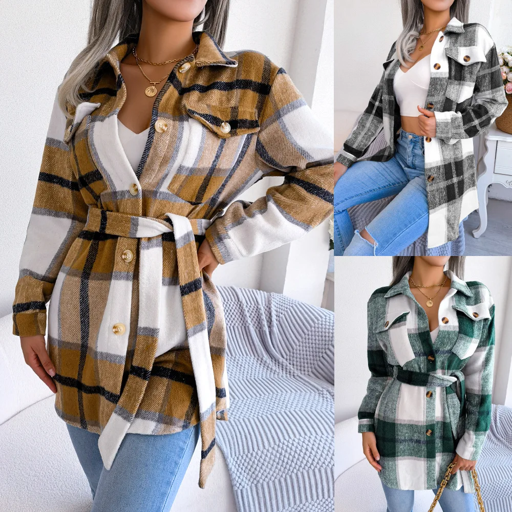 

Autumn And Winter Women's Casual Contrast Plaid Long-Sleeved Lace Woolen Jacket Fashion Versatile Buttons Female& Lady Coats