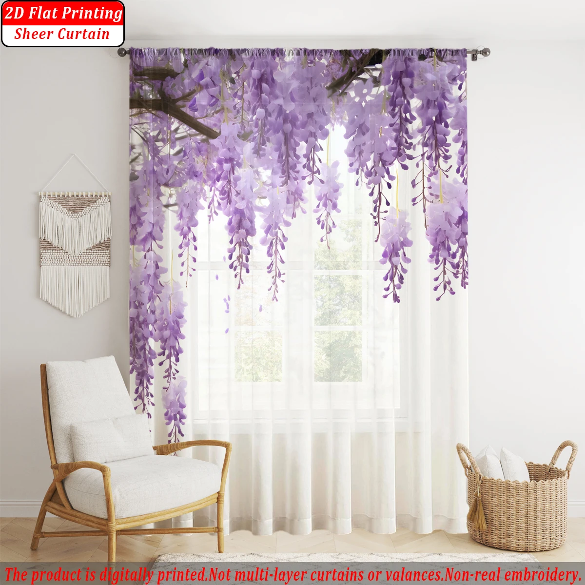 Purple Wisteria Flower Flat Printing Sheer Curtain，Light Fabric，for Living Room Bedroom Home Door and Window Decor