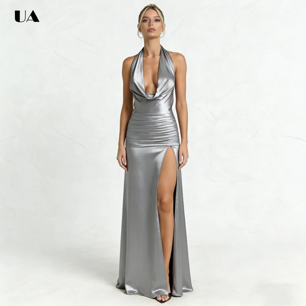Sukienka balowa ULBYANRY z satyny, prosta, z dekoltem typu halter, z rozcięciem, seksowna, plisowana, szyta na miarę suknia wieczorowa dla kobiet.