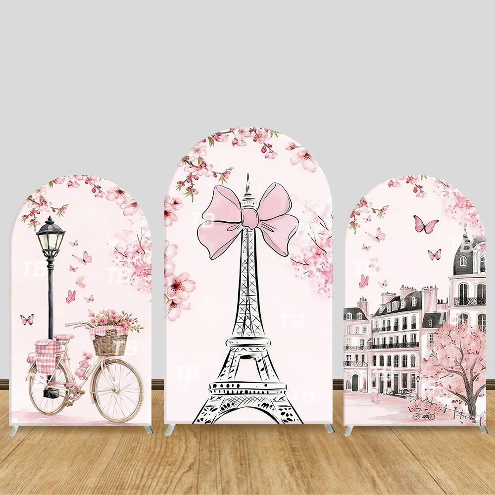 

Paris Eiffel Tower Cherry Blossom Theme Arch Backdrop Cover Pink Bow Background For Kids Birthday Baby Shower Party Decoration