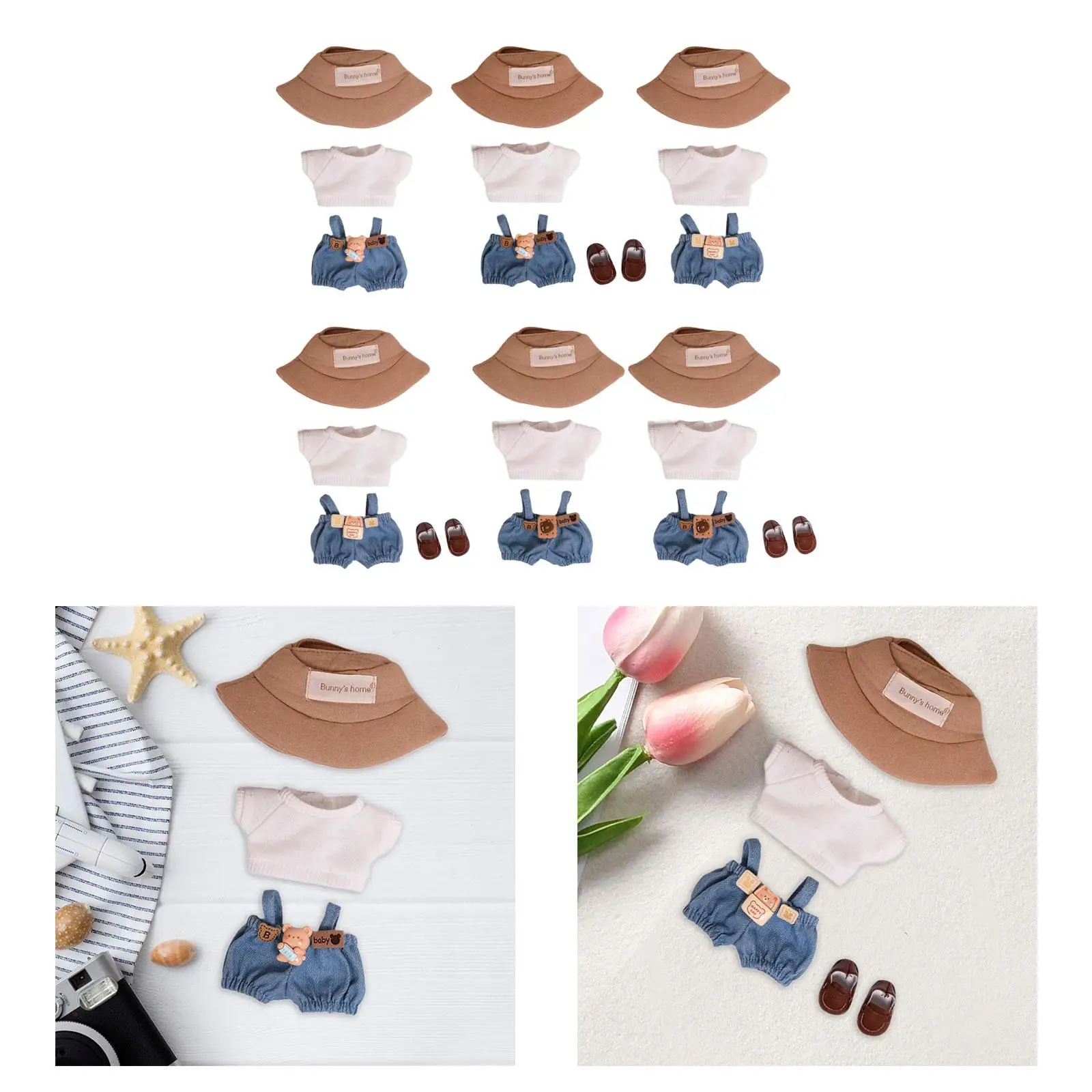 Vêtements beurre en peluche pour filles, 15cm, cadeaux pour filles, jeu de simulation, ensemble salopette en denim et chapeau doux