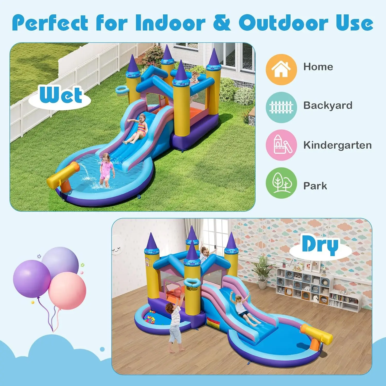 Inflatable Water Slide, Ocean Bounce House Water Park with Ball Pit & Splash Pool for Outdoor Fun, Bouncy Castle Waterslides Inf