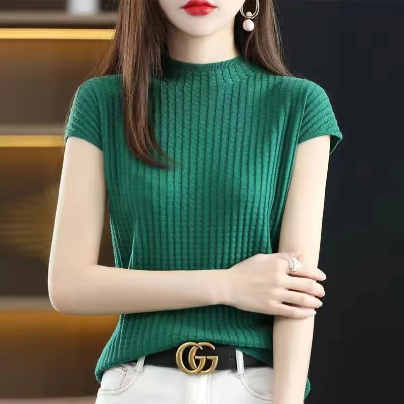 2024 Summer Women\'s Sweater Short Sleeve Pullover Korean Knitted O-neck Jumper Bottoming Shirt Soft Knitwear Sweaters Tops