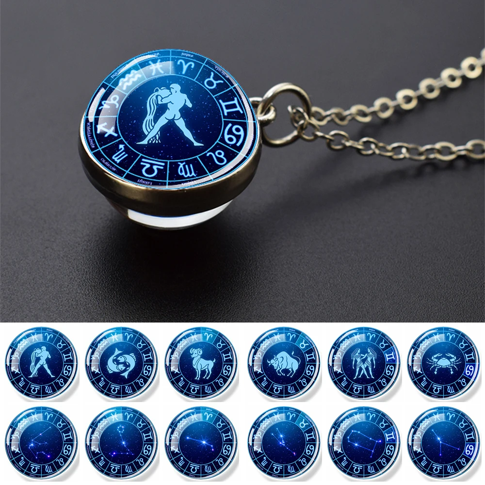 Collares de cadenas de signos del zodiaco para mujer, colgante de bola de cristal de Planeta de 12 Constelaciones, doble cara, Aries, Leo, Virgo, Taurus, regalo de joyería