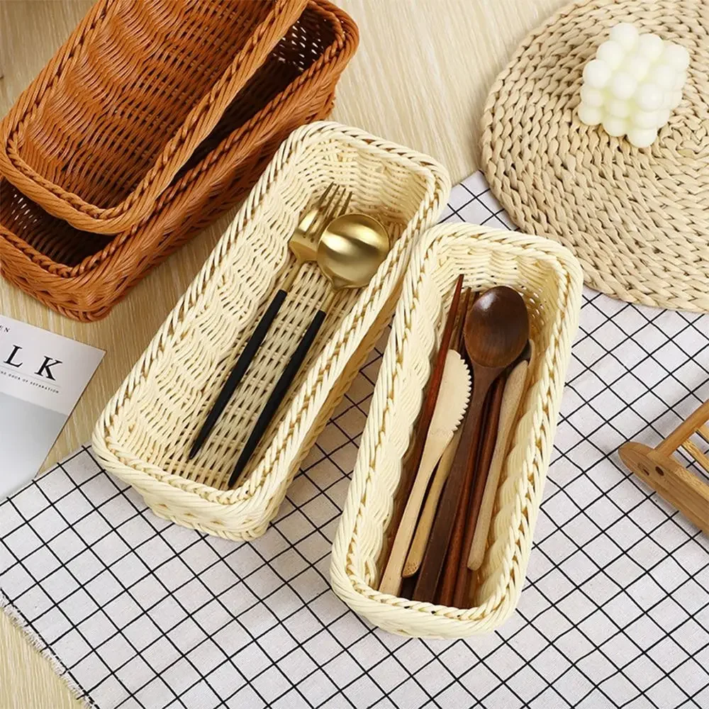 Faux Rattan Braid Storage Basket Rectangle Coffee Beige Kitchen Bread Tray Vegetable Fruit Flower Chopsticks Plate