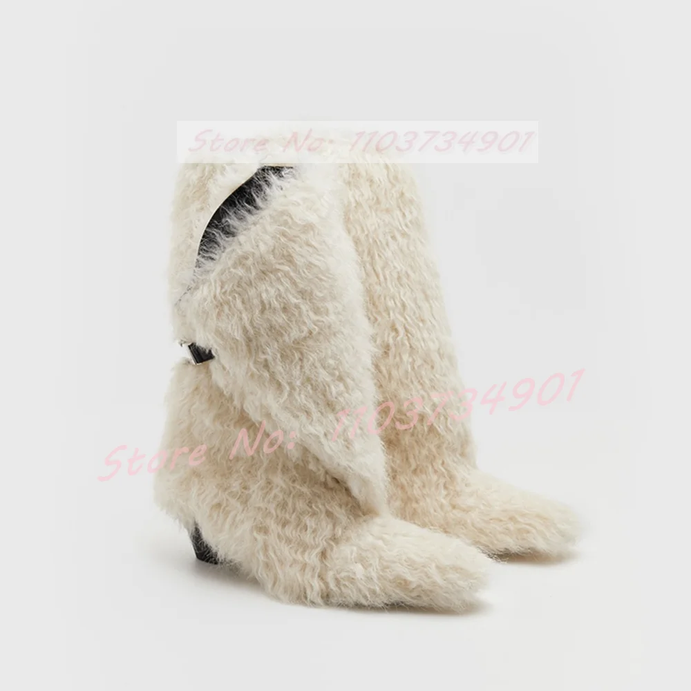 White Fluffy Furry Block Heeled Boots Women Fashion Party Nifty Pointy Toe Mid Calf Boots Lady Sweet Chic Solid Street Shoes