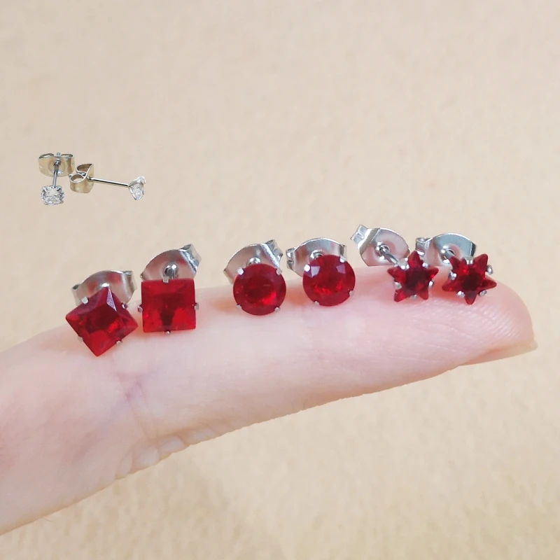3 Pairs Lot Red Glass Round Star Square Brief Stud Earrings 316L Stainless Steel IP Planting No Fade Anti Allergy