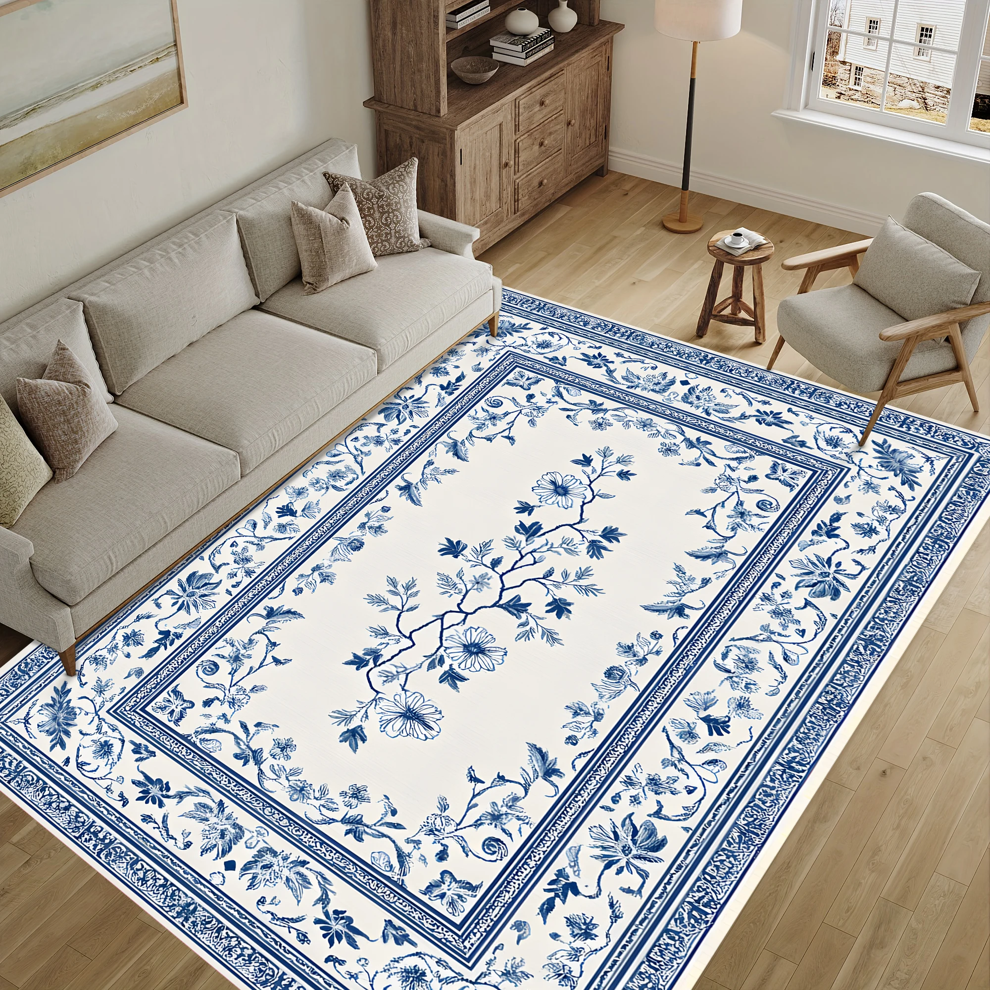 Blue and White Porcelain Floral Pattern Retro Chinese Style Velvet Carpet, Suitable for Autumn and Winter, Festive Decorations, Living Room and Bedroom Soft Furnishings