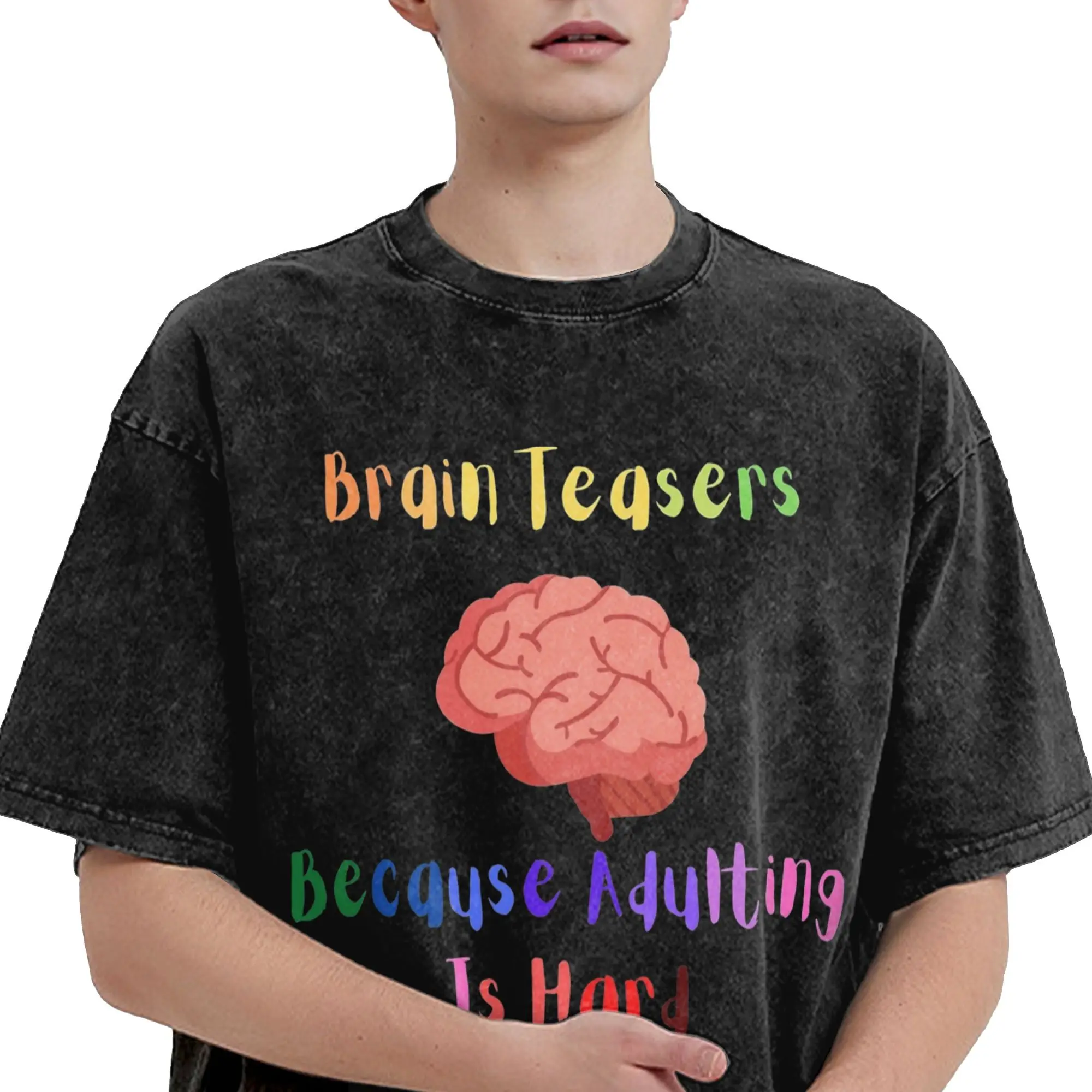 참신 생일 두뇌 티저 남성용 티셔츠 라운드 칼라 코튼 워시 티셔츠 반소매 티셔츠 프린트 탑