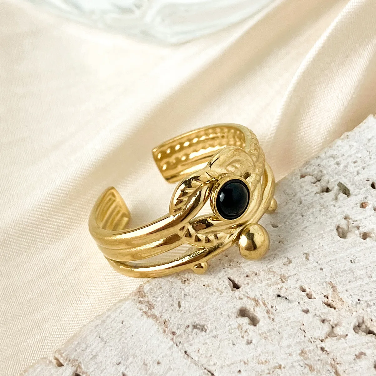 Stainless Steel Vintage Natural Stone Rings for Women Bohemian Gold Color Adjustable Double Layer Rings Finger Rings Jewelry