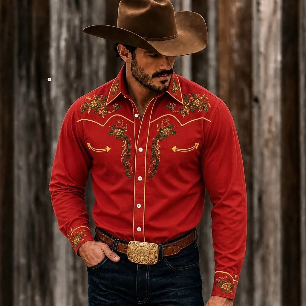 Men Long Sleeve Western Shirt Red Floral Embroidery Style Print Button Down Shirt