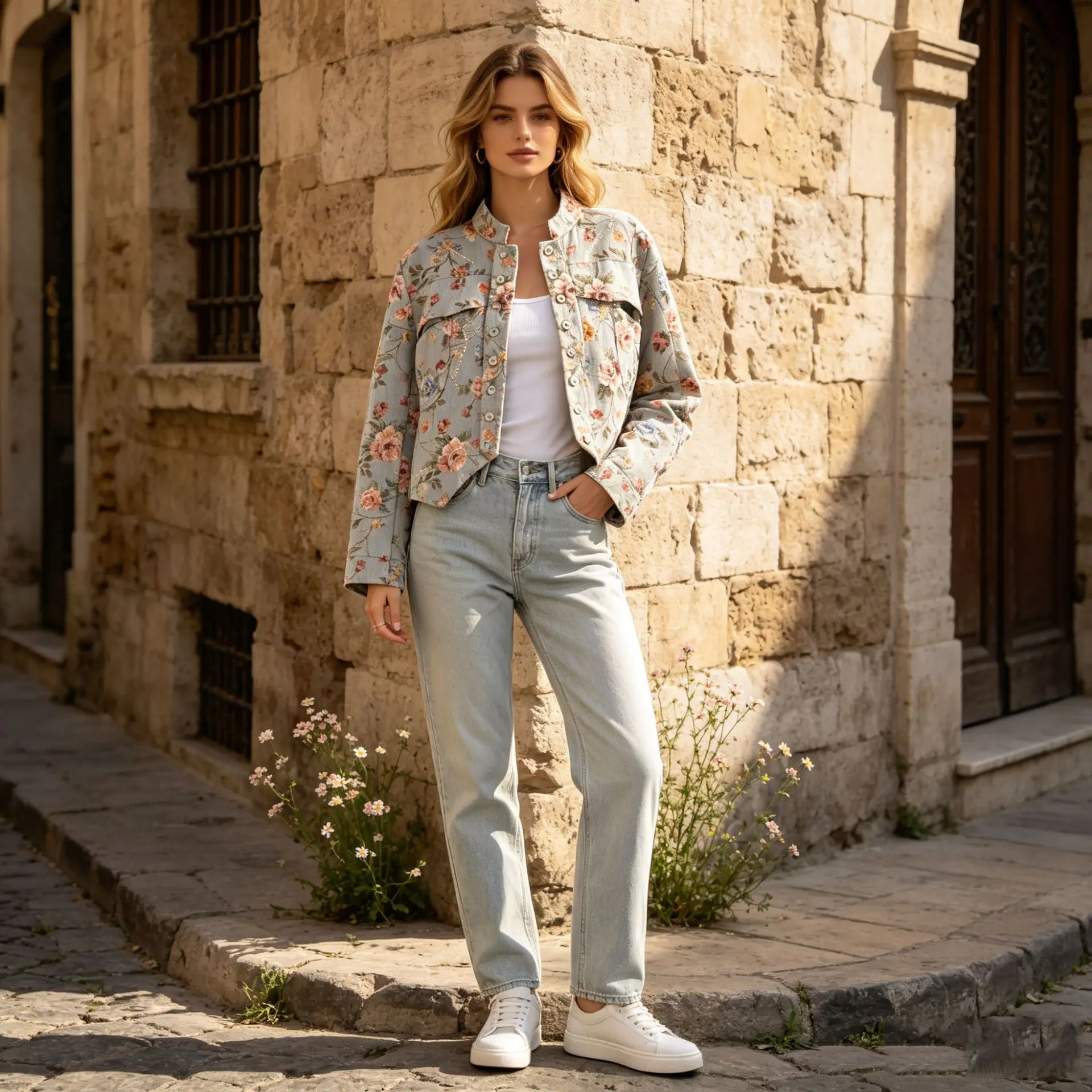Women’s Jacket, Vintage Floral Jacquard, Stand Collar Sequin Embellished, Irregular Hem Cropped, 2026 Autumn