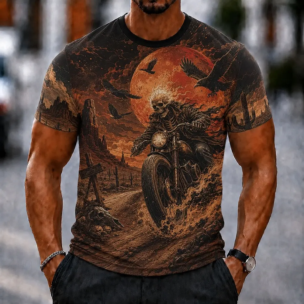 Men Vintage 3D Print Short Sleeve T‑Shirt Skeleton Biker Motorcycle Desert Cactus Moon Eagle Graphic O‑Neck Casual Retro Tee Top