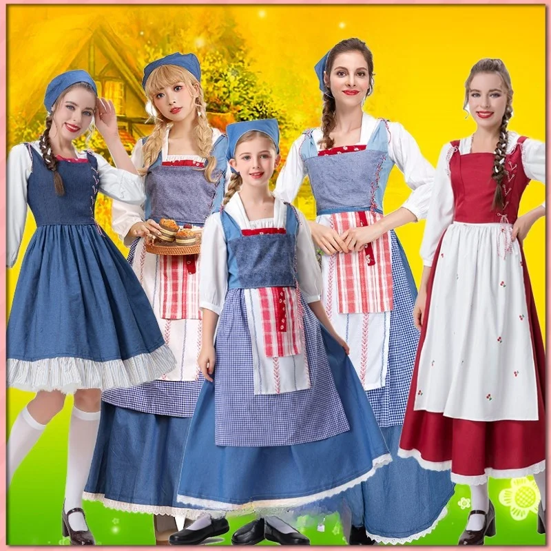 

Blue Patchwork Maid Long Dress Halloween Bell Girl's Farm Estate Costume Storybook Character Women's Traditional Ethnic Stage...
