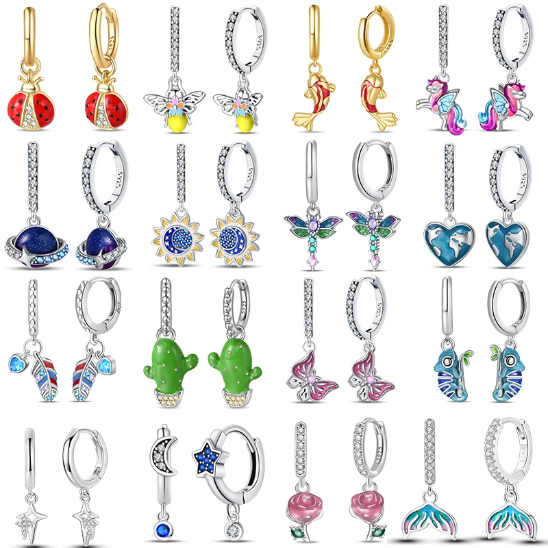 

925 Sterling Silver Chameleon Dragonfly Butterfly Earrings Golden Ladybug Earrings For Women Fashion Fine Charms Party Jewelr