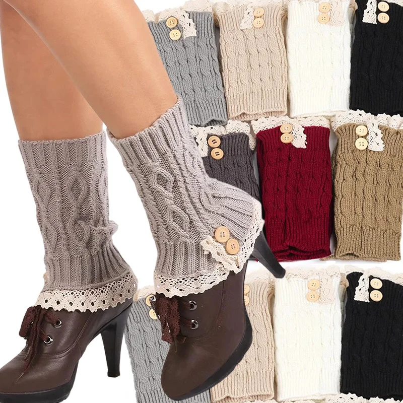 

Harajuku Lace Edge Button Knitted Socks for Women Winter Warm College Style Thick Boot Socks Japanese Style Lolita Leg Warmers