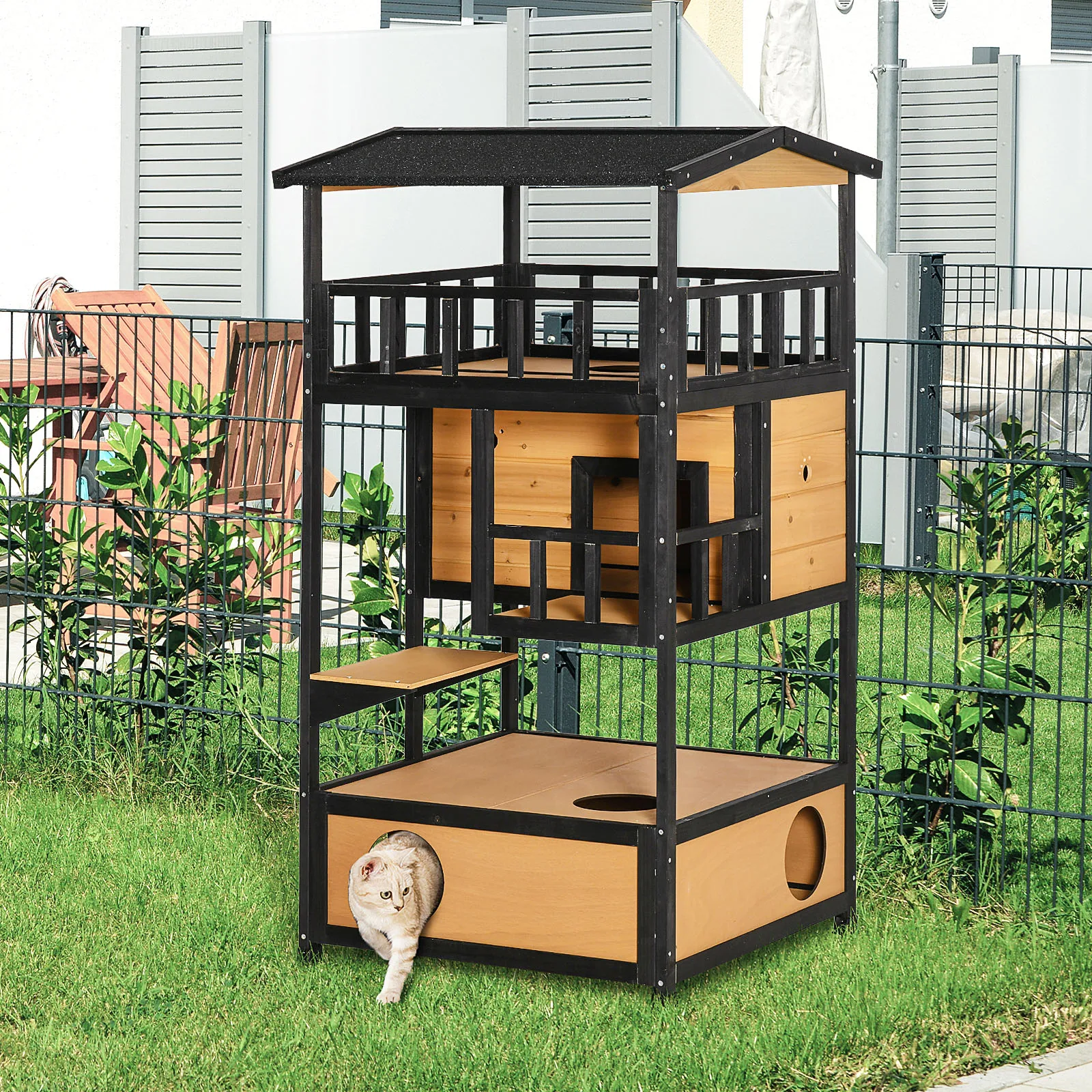 PawHut 75,5x75x137 cm wooden cat house with Natural asphalt roof