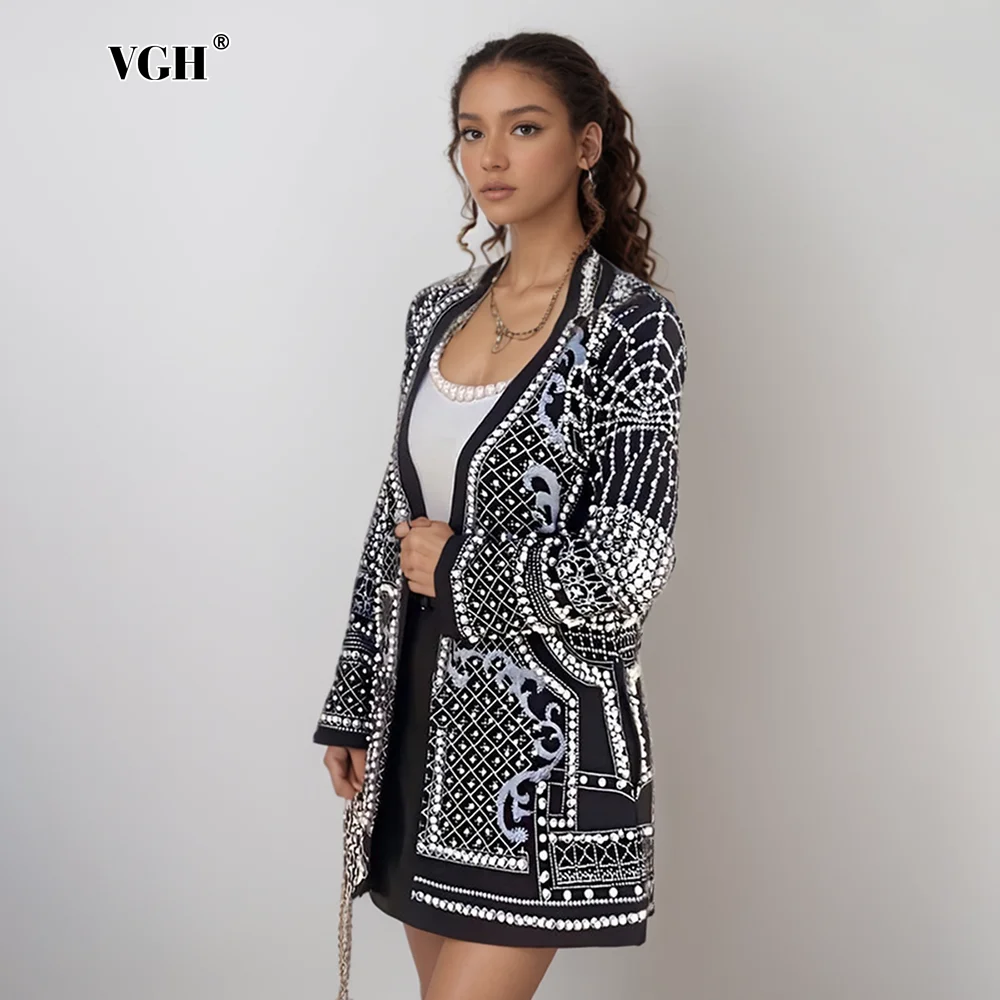 VGH Streetwear Embroidered Chic Blazer For Women V Neck Long Sleeve Hidden Breasted Design Sense Coats Female Autumn Clothes New