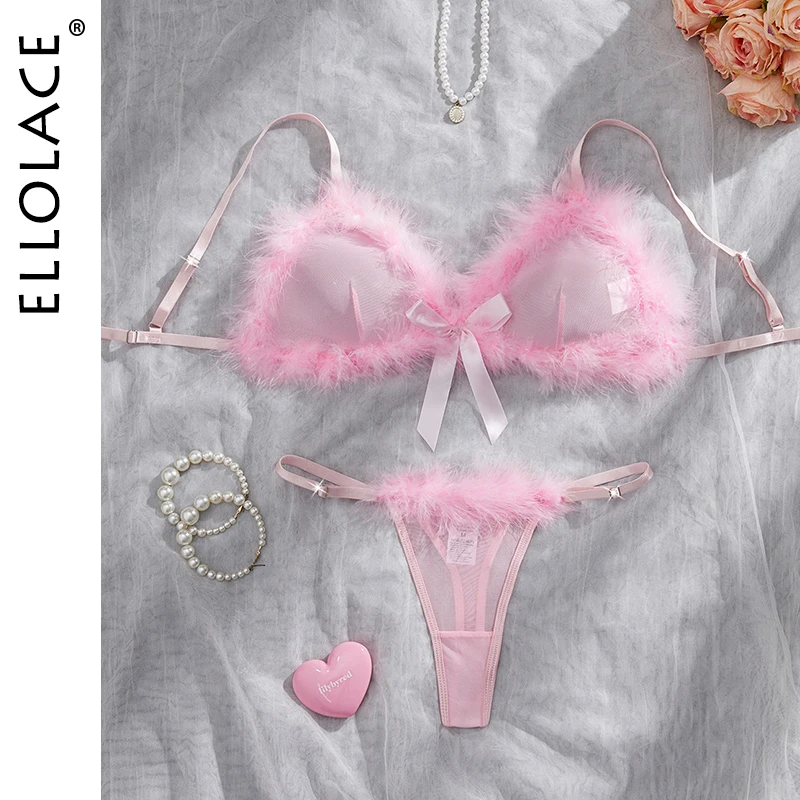 

Ellolace Valentine Lingeries Sexy Hot Cute Bra Hilitos 2PC Romantic Intimate Fluffy Decor Pure Desire Fantasy Women's Underwear
