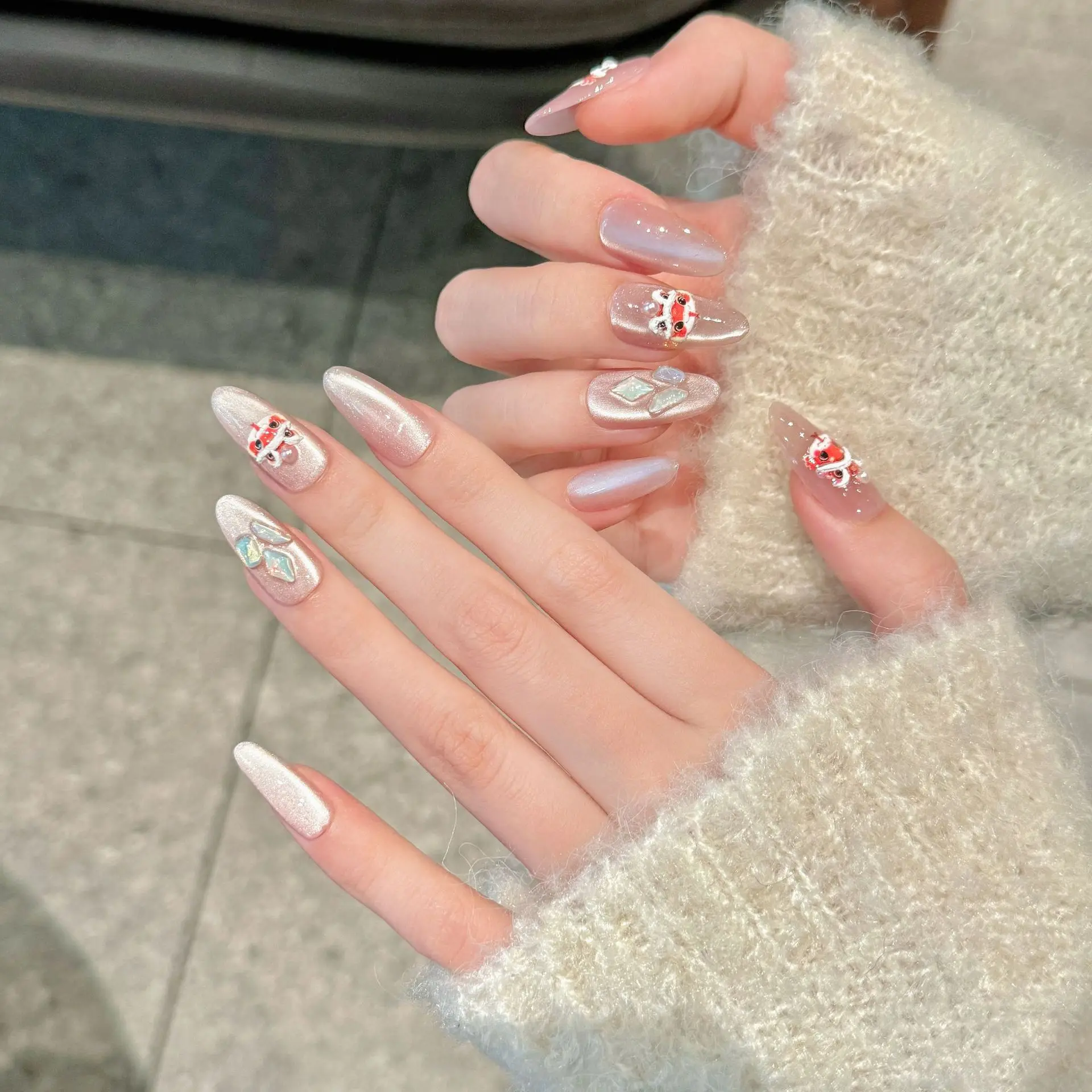 Handmade Press on Nails Sweet Pink Cat Eye Fake Nail Tips Chinese Cute Luck Lion New Year Gift Wearable Ins Fashion Fake Nails