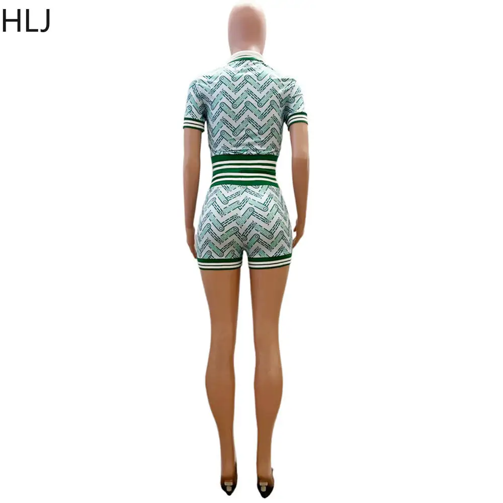 HLJ Blue Summer Printing Shorts Two Piece Sets Women Polo Nack Crop Top And Shorts Outfits Fashion Y2K Matching 2pcs Streetwear