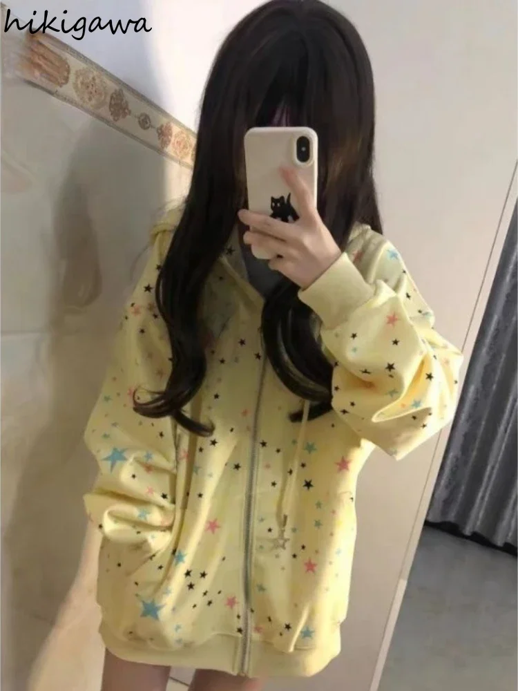 Star Sweatshirts Japanese Women\'s Clothing Oversized Tops Hooded Zipper Y2k Jackets Streetwear Chic Zipper Casual Hoodies Coats