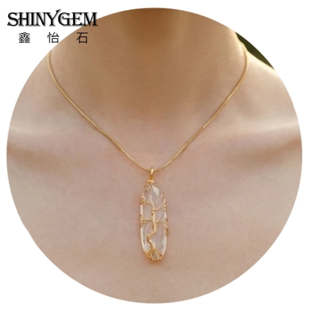 

SHINYGEM 45*10mm Tree of Life White Crystal Pendant Necklace Handmade Wrapped Natural Quartz DIY Jewelry Women Gemstone Pendant