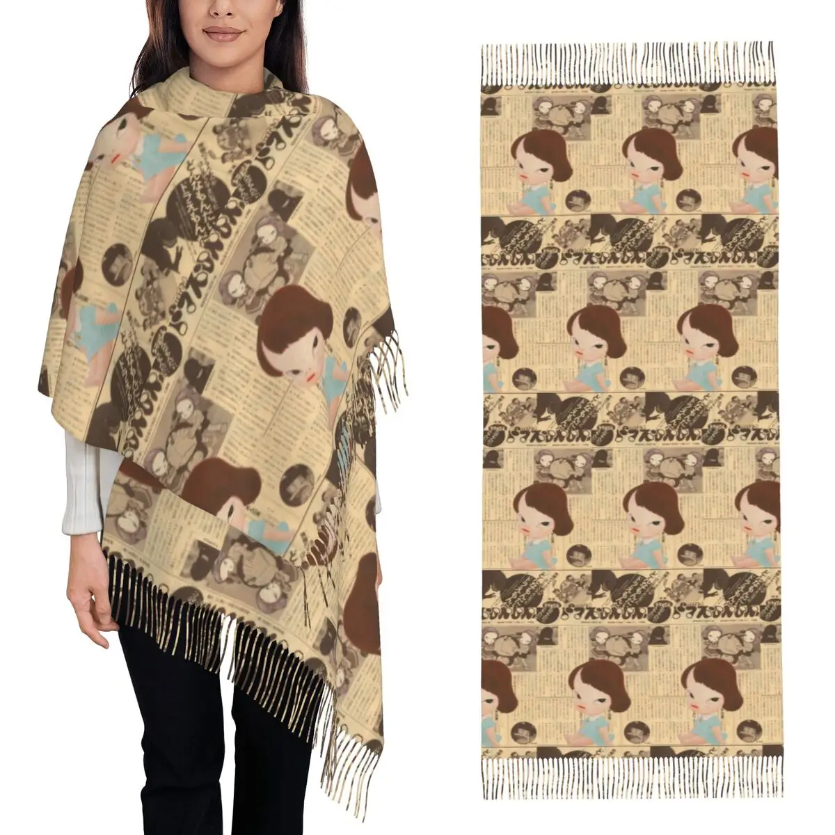 

Забавный шарф Yoshitomo Nara, шарфы с кисточками для женщин, мягкие теплые шали и накидки, длинная осенне-зимняя шаль