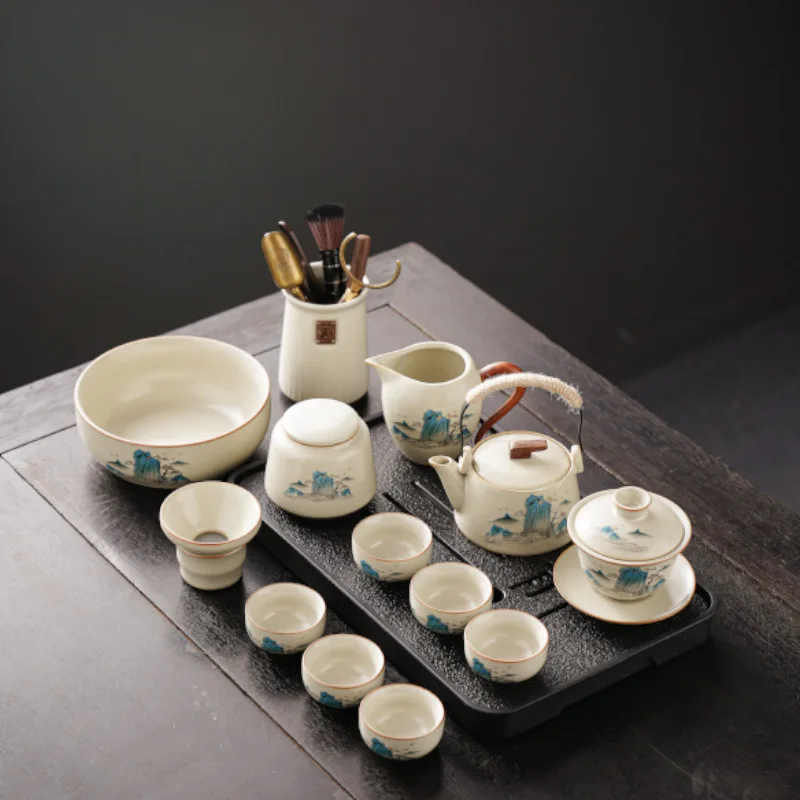 

Huang Ru Kiln Kung Fu Tea Set for Home Use, High-end Ceramic Teapot with Handle, Tea Bowl, Tea Cup, Complete Tea Set