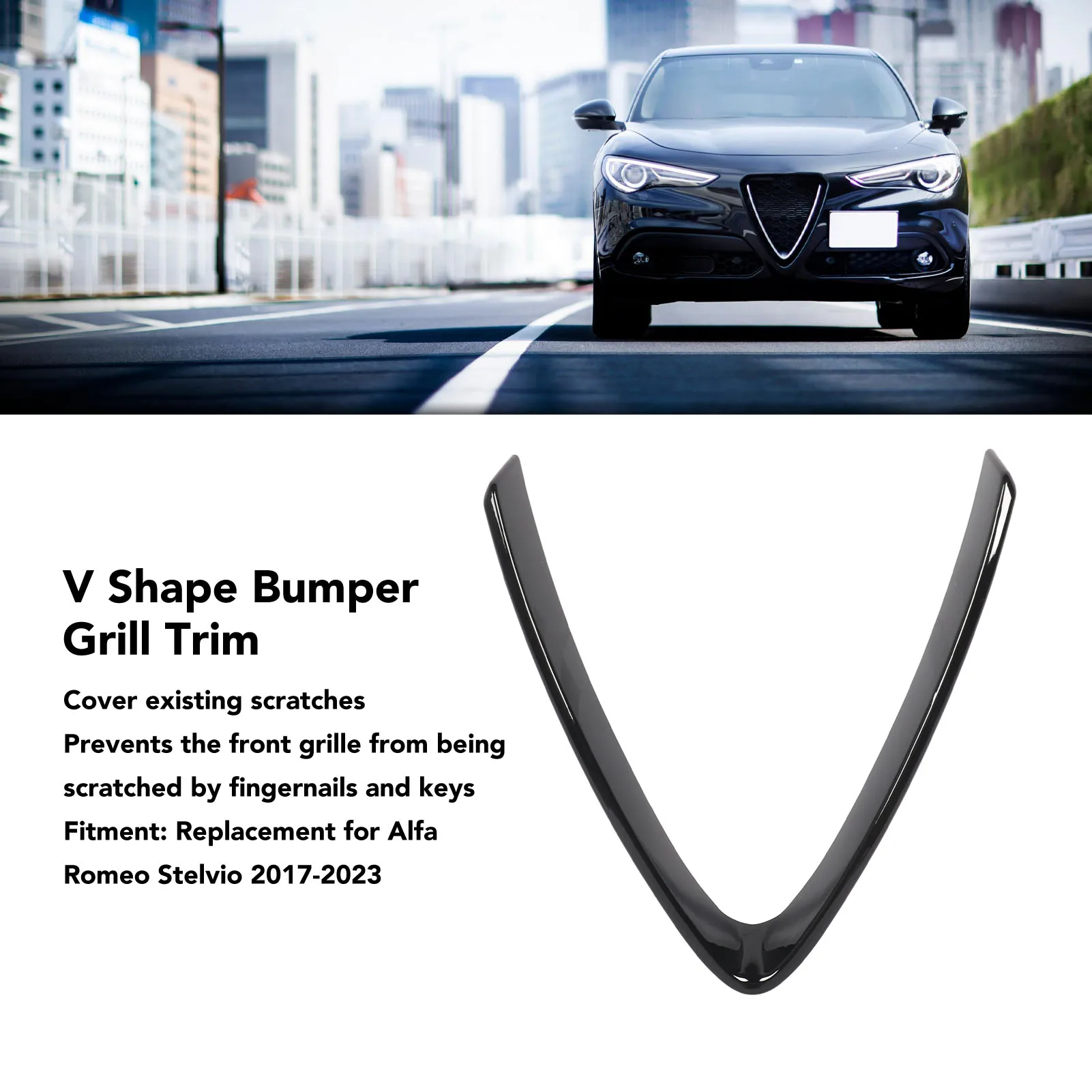 

Car V Shape Grille Cover Bumper Grill Trim V Shape Frame Decoration Bright Black Replacement for Stelvio 2017 to 2023