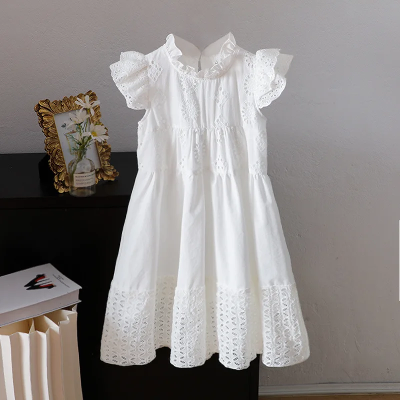 Hollow Out Summer Dresses For Girls New 2026 Toddler Little Girl Dress Size 3 4 5 6 Years Fly Sleeves Child Party Clothes White