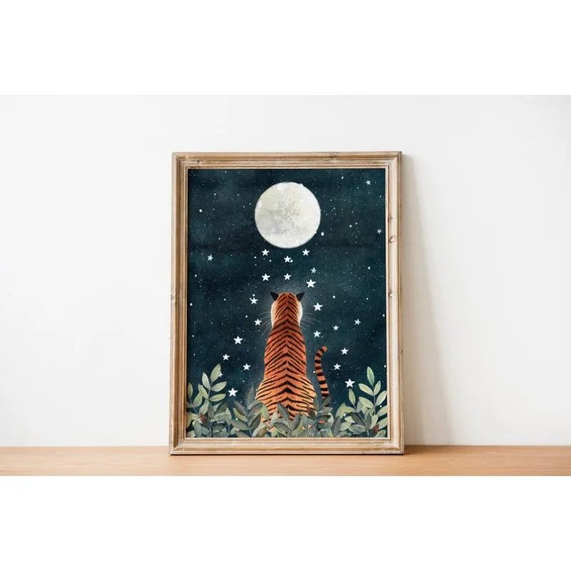 Affiche de tigre, art d'observation des étoiles, impression sur toile non encadrée, illustration de jungle nocturne, décoration de chambre d'enfant