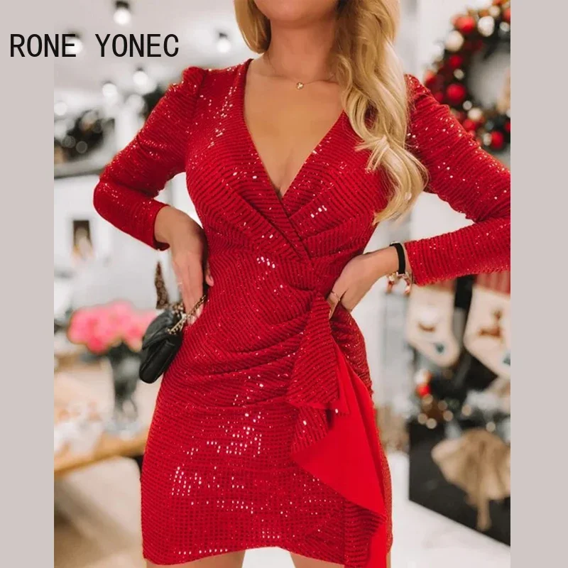 Women Solid Sexy V Neck Sequins Long Puff Sleeves Mini Bodycon Sexy Party Red Dresses