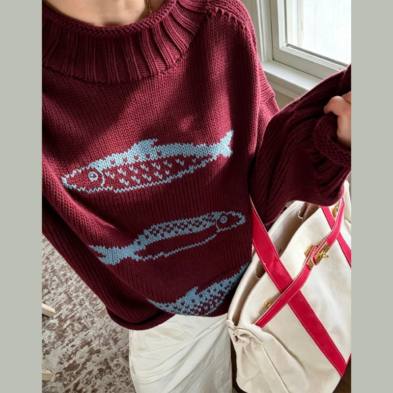 Damenpullover mit Fischmuster, gestrickter Pullover, Herbstmode, Rollkragenpullover, langärmelig, mit Paneelen, Oversize-Strickware, schick, neues Party-Outfit. – Detail 4