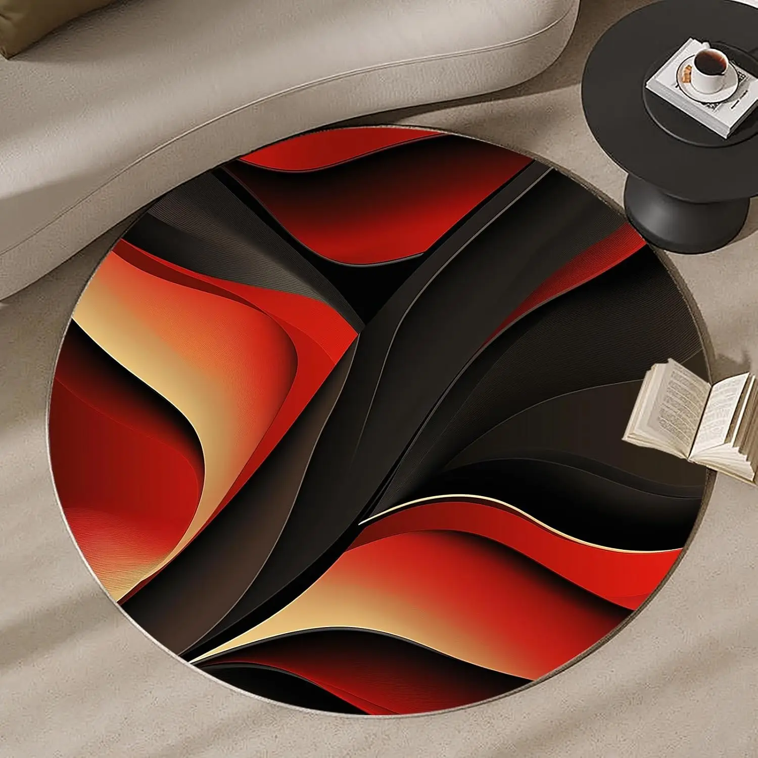 Modern Terracotta Beige Round Carpet Fluid Abstract Swirl Area Mat Nordic Coffee Table Sofa Parlor Salon Decorative Floor Detail