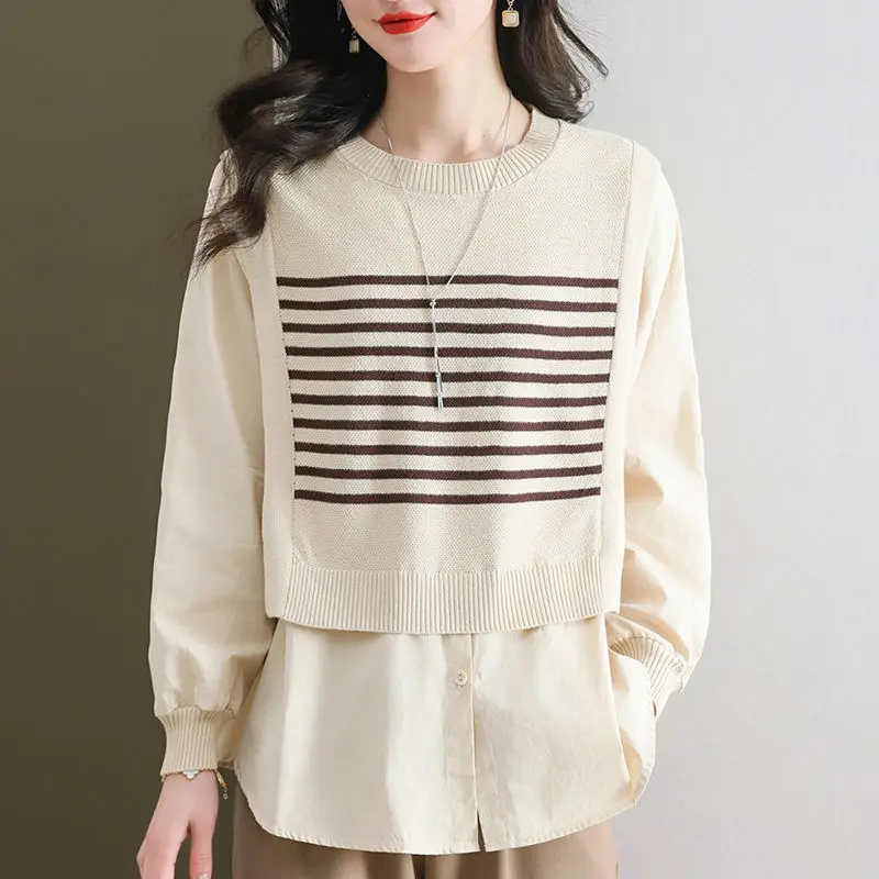 Fake Two Women's Tops Long Sleeved Shirt Collar Loose Korean Version Sweater Wearing a Knitted Sweater Outside