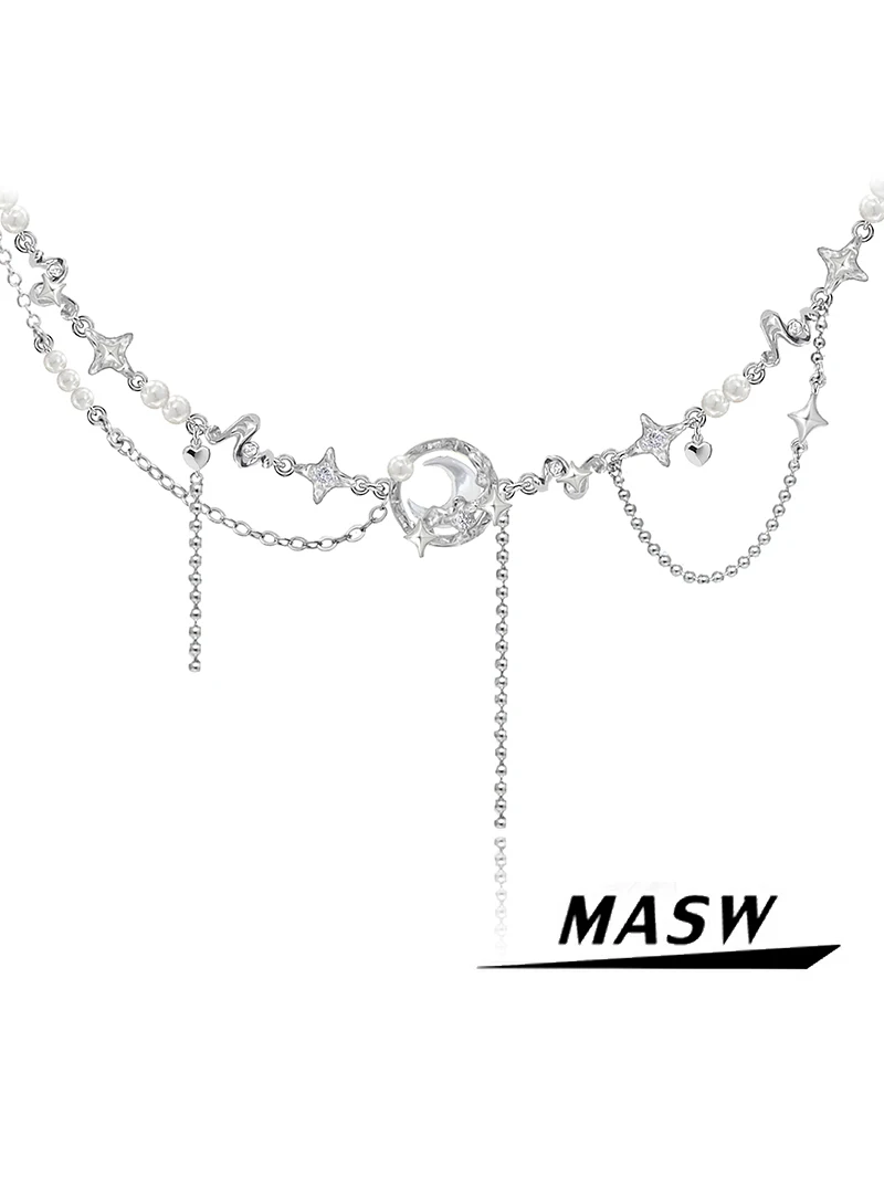 MASW Original Design 2023 Trend New Senior High Quality Brass Simulated Pearl Moon Star Pendant Necklace For Women Jewelry Gift